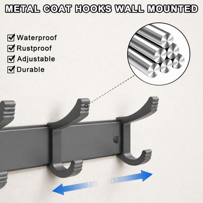 NONETO 2 Pack Coat Hooks Wall Mounted with 6 Movable Coat Rack (Grey)