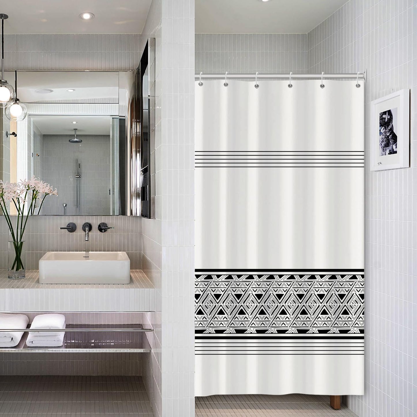 ASDCXZ Stripe Shower Curtain 90x180 cm, Modern Boho Style Rule Black White Geometry Bath Washable Narrow Shower Curtains Polyester Textile Waterproof
