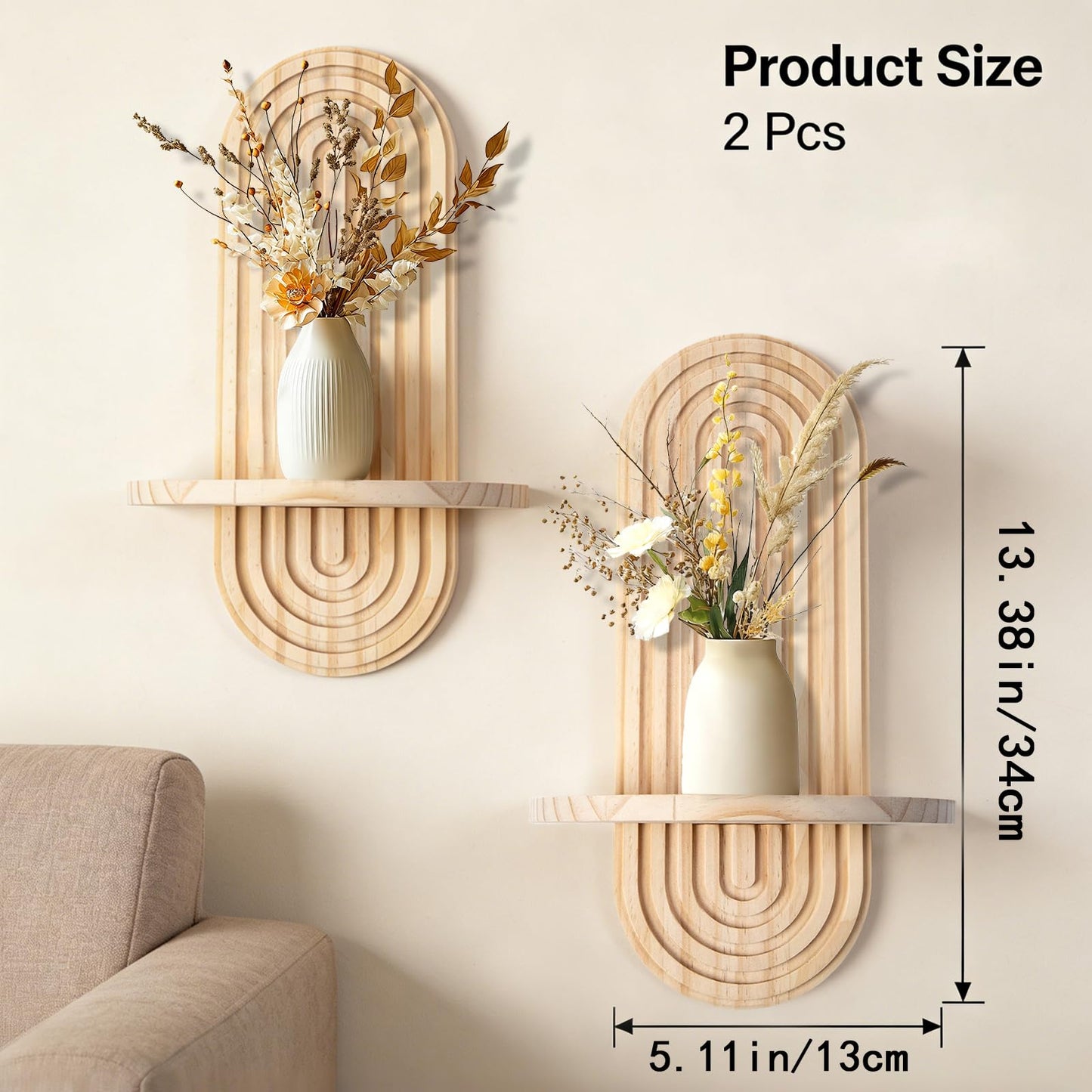 YiYa 2 Pcs Wood Shelves for Wall Decor Modern Boho Wall Shelf Arch Wood Floating Shelf Bohemian Hanging Shelf Display Shelving for Hanging Plants