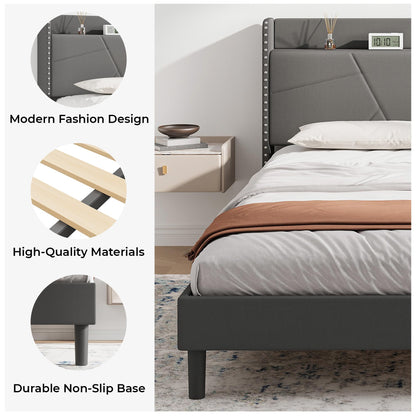 IRONCK 5ft King Size Bed Frame with Charging Station, Bed Frame King with Upholstered Storage Headboard, Sturdy Wooden Slat Support