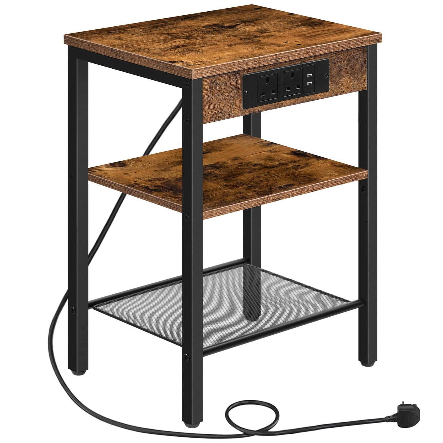 HOOBRO Side Table with Charging Station, Bedside Table with Charging Station, 2 Sockets and 2 USB Ports, Narrow Side Table, 3-Tier Bedside Table,