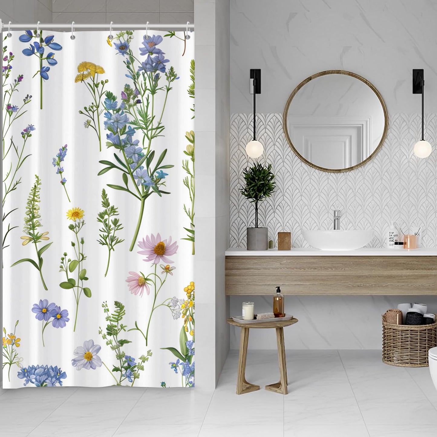 ASDCXZ Flower Shower Curtain 120x200 cm, Spring Blue Yellow Rose Purple Flower Leaves Plants White Washable Narrow Shower Curtains Polyester Textile