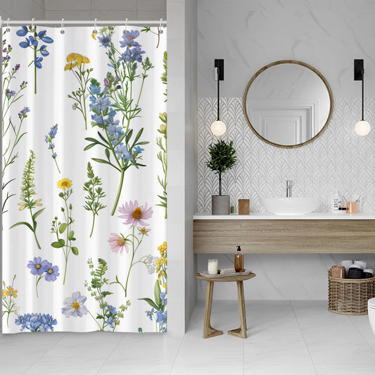 ASDCXZ Flower Shower Curtain 120x200 cm, Spring Blue Yellow Rose Purple Flower Leaves Plants White Washable Narrow Shower Curtains Polyester Textile