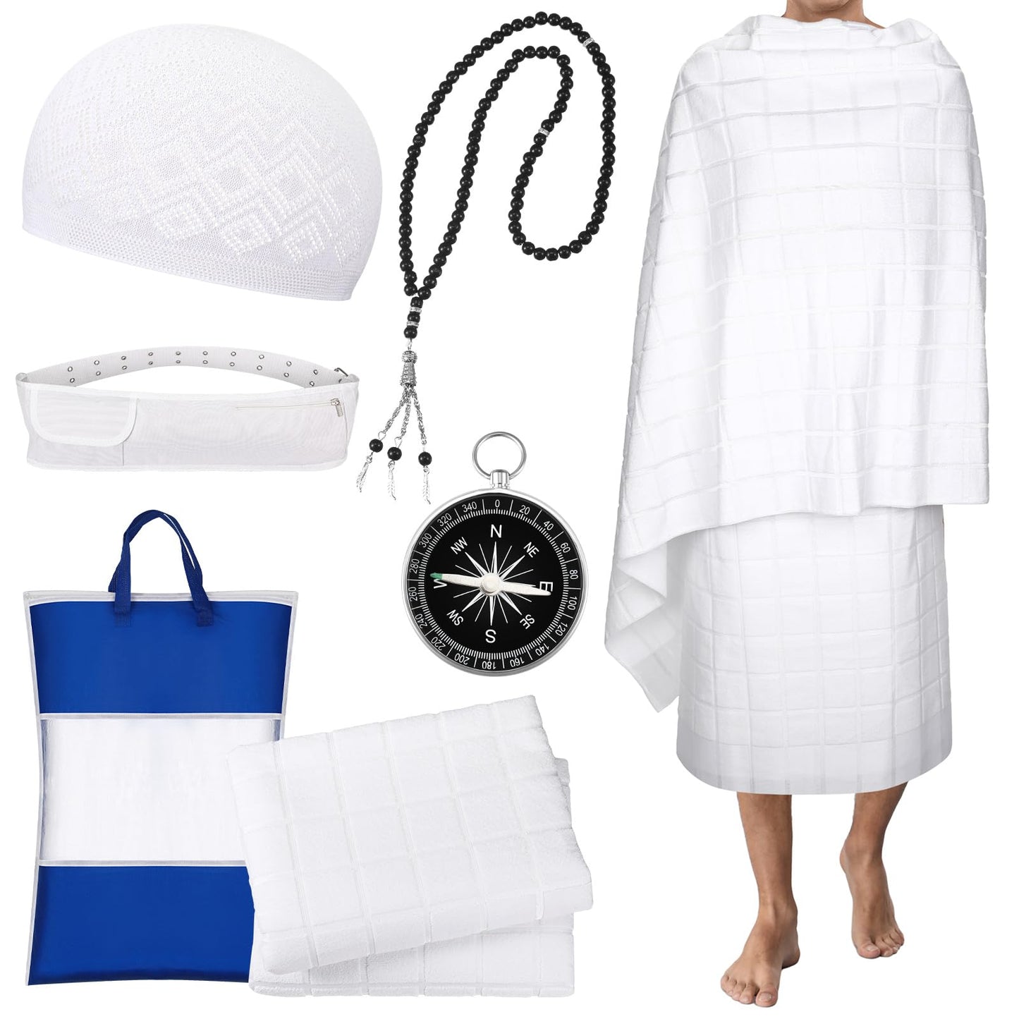 Namalu Islamic Men's Ihram Set Includes 1 Set of 2 Pcs Seamless Hajj Towel 110 x 210cm Ahram 1 Ihram Belt Waist Packs 1 Kufi hat 1 Tawaf Prayer Beads