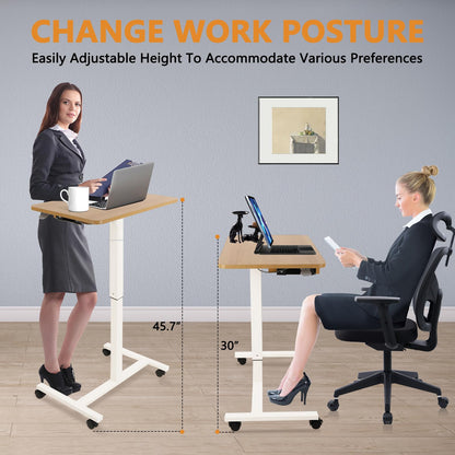 CLATINA Mobile Laptop Standing Desk, Height Adjustable Teacher Podium with Lockable Wheels, Adjustable Work Table with Drawer