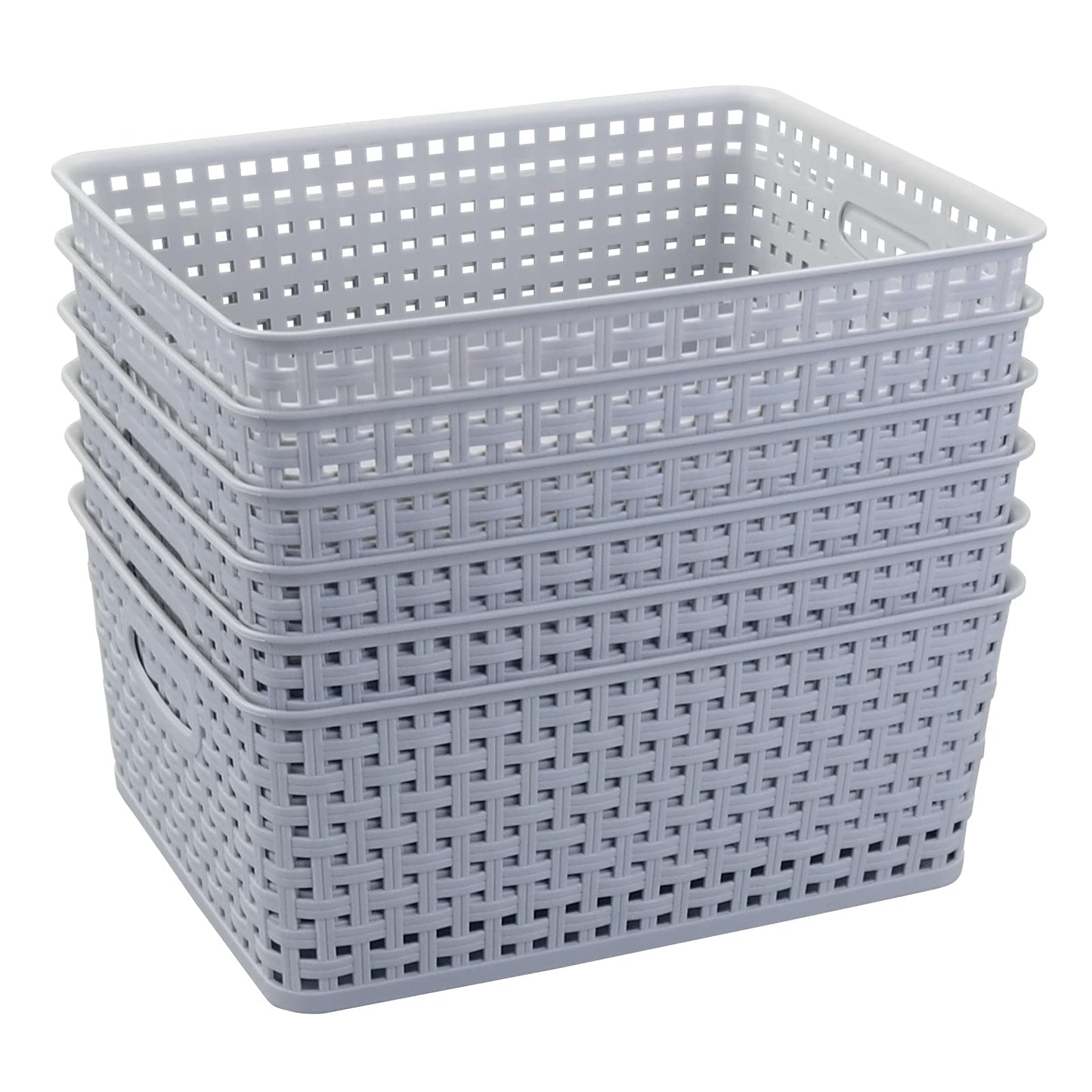 Cadineer Plastic Woven Storage Basket, Grey Organizer Basket Box Set of 6