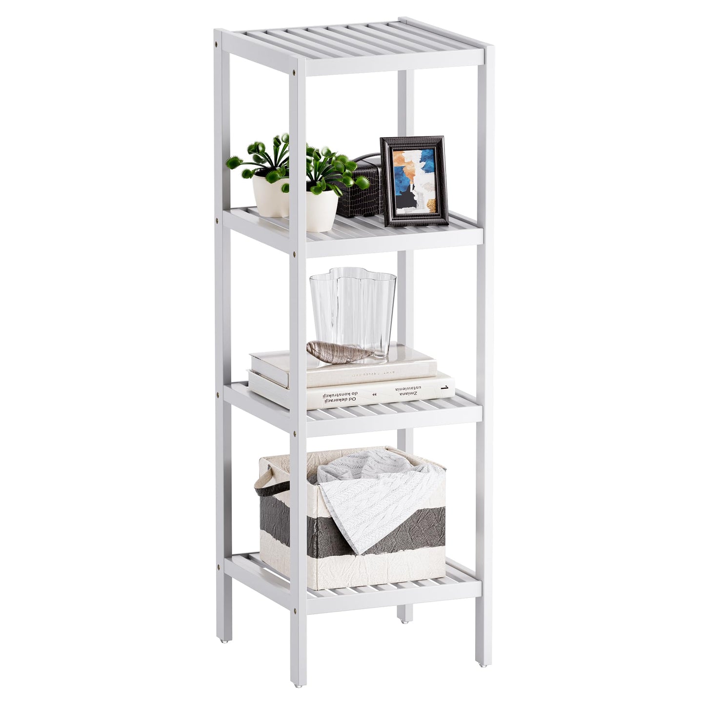 SMIBUY Bathroom Storage Shelf, 4-Tier Bamboo Rack Organizer, Multifunctional Shelving Unit for Living Room Bedroom Kitchen (White)