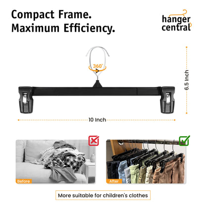 Hanger Central 30 Pack Space Saving Heavy Duty Slim Plastic Trouser Hangers Ribbed Non-Slip with Clamp Clips 360 Swivel Chrome Swivel Hook 10/12/14