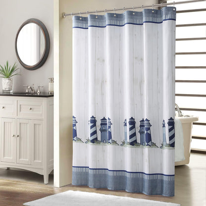 BESTRIPES Long Fabric Shower Curtain, Blue Gray Nautical Lighthouse Shower Curtain for Bathroom, Waterproof Polyester Bathroom Curtains, 72" W x 78" H