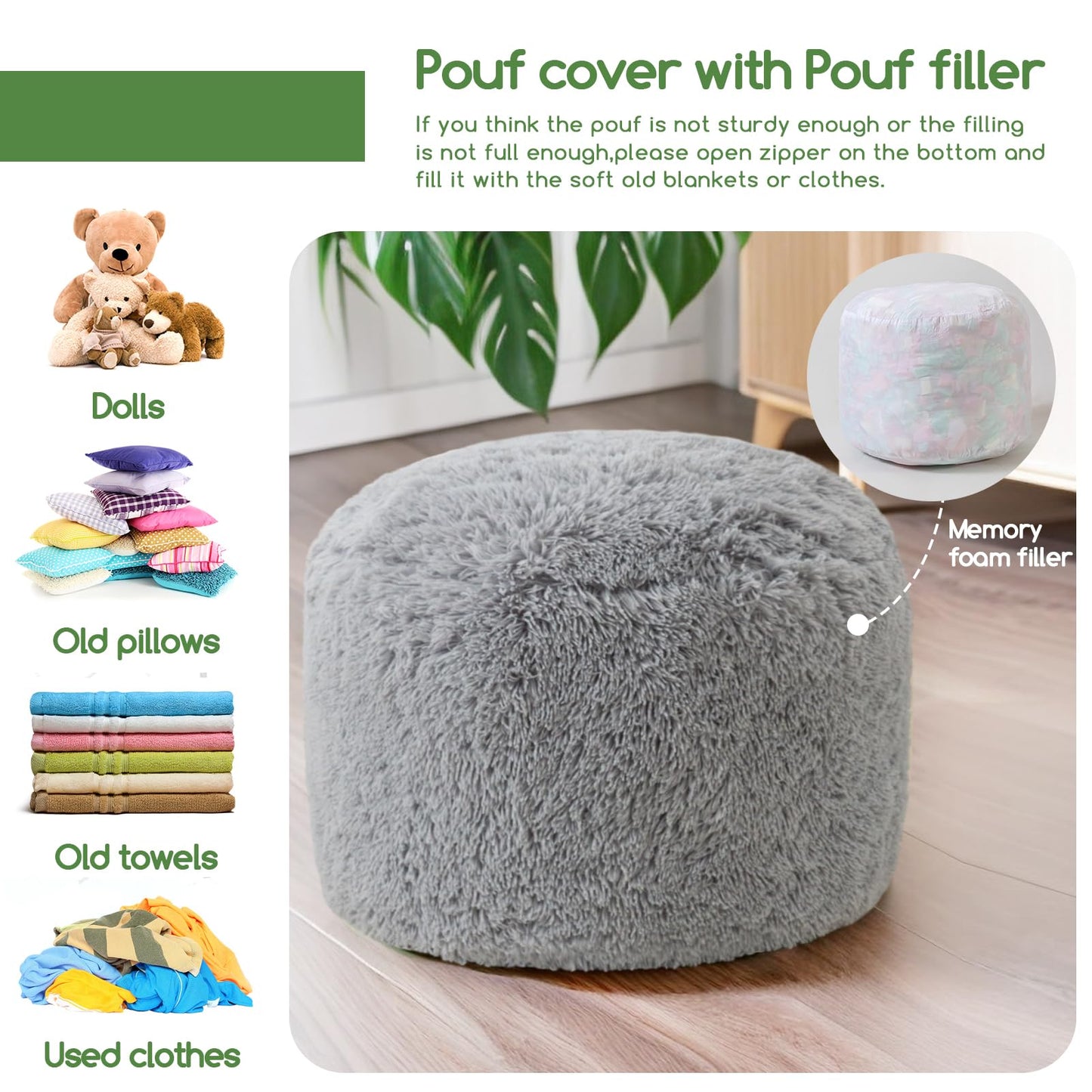 HIGOGOGO Faux Fur Beanbags Round Footstool Bean Bag Pouf with Foam Chunk Filling, 50 x 35 cm Floor Poufs Foot Rest for Living Room, Grey