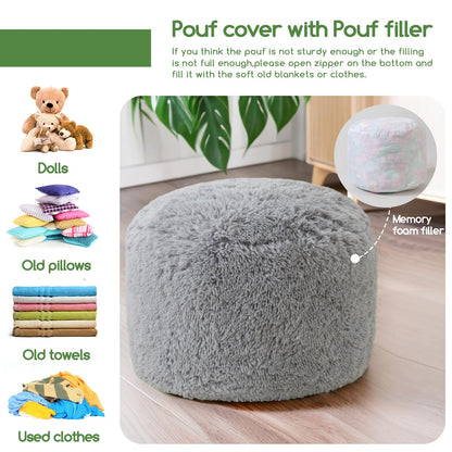 HIGOGOGO Faux Fur Beanbags Round Footstool Bean Bag Pouf with Foam Chunk Filling, 50 x 35 cm Floor Poufs Foot Rest for Living Room, Grey