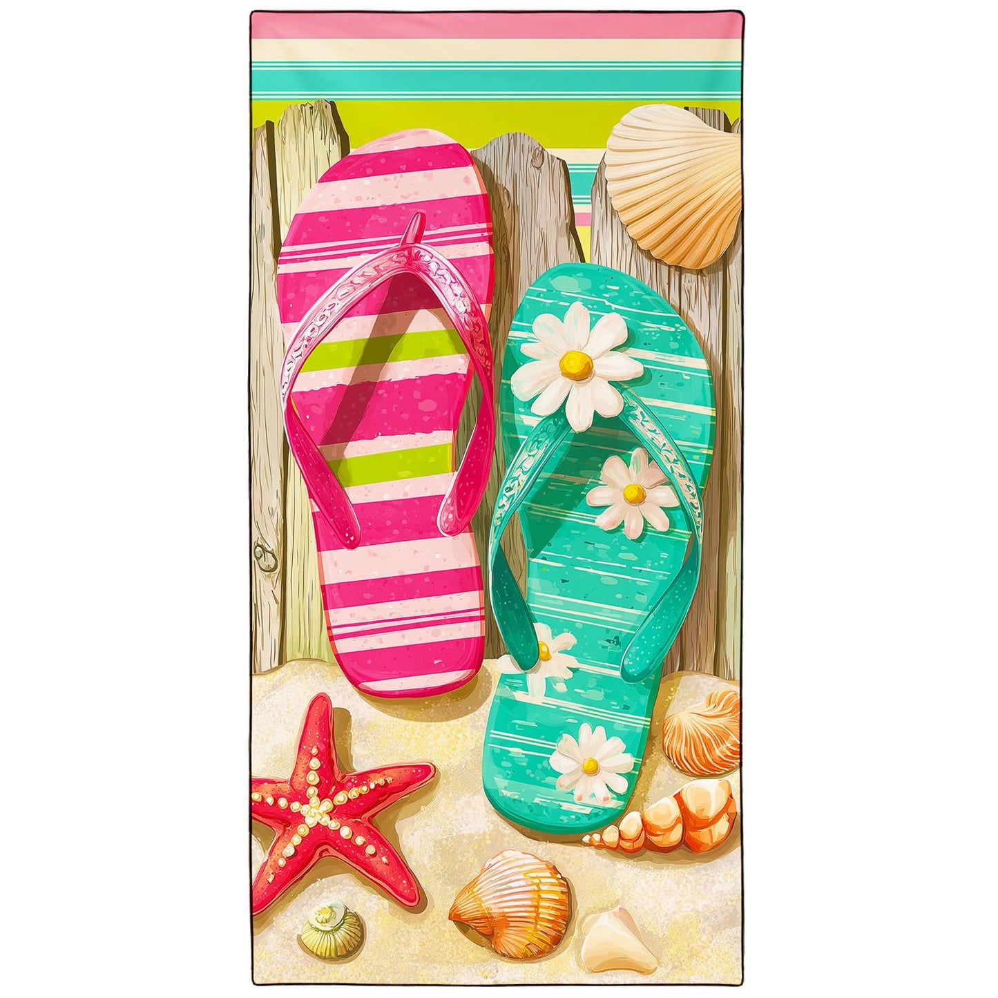 Violetpos Flip Flop & Starfish Beach Towel, Extra Large 180x90 cm 250GSM Microfibre, Sand Free Quick Dry