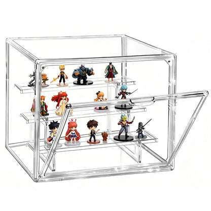 Akamino Acrylic Display Case with Removable 3-Tiered Shelves, 36 x 23 x 27cm Stackable Display Box Dustproof Countertop Cube with Openable Door