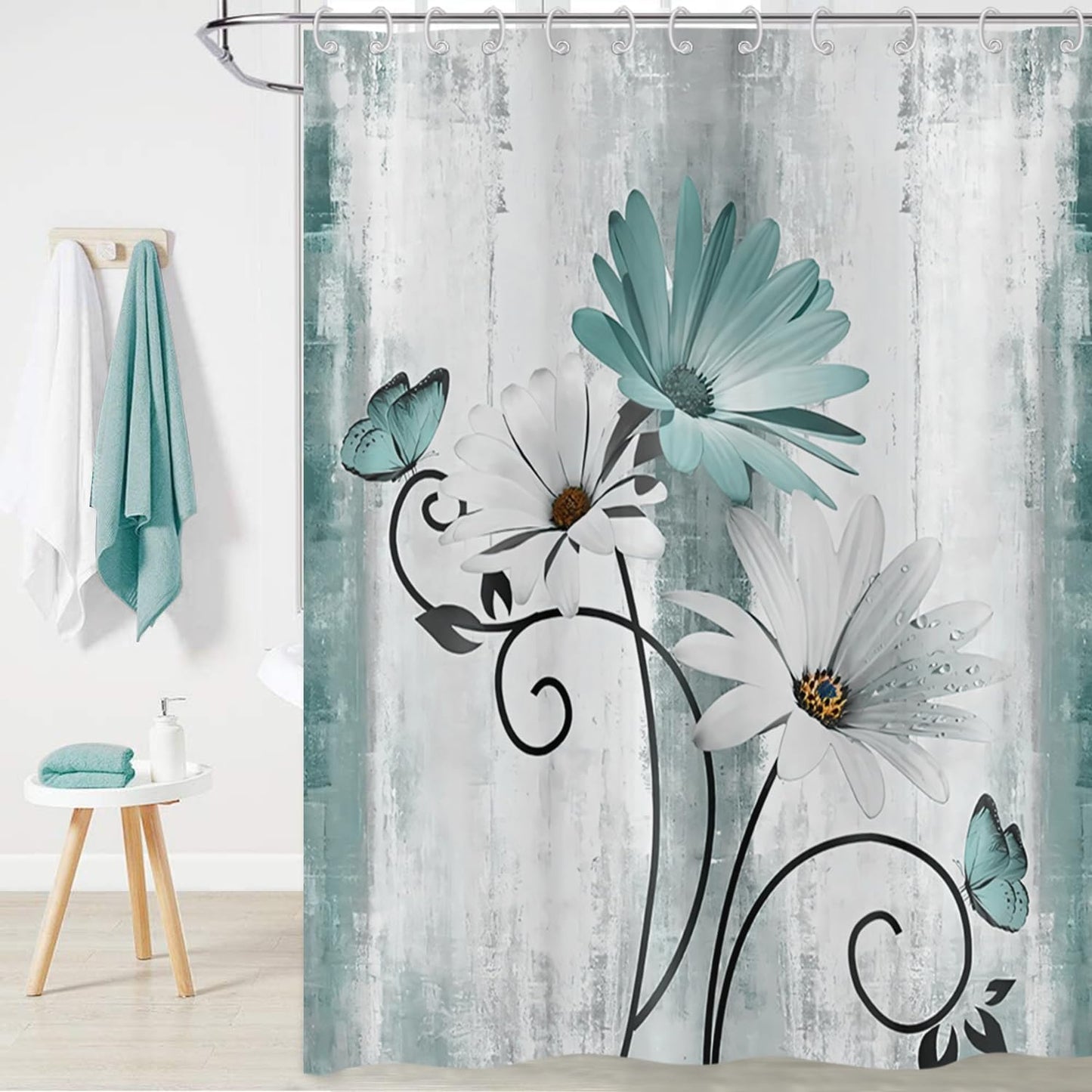 Hnmdmyi Farmhouse Floral Shower Curtain 90x180, Rustic Turquoise Daisy Flowers and Butterfly on Country Wooden Board Bathroom Curtains Waterproof