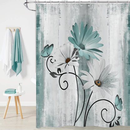 Hnmdmyi Farmhouse Floral Shower Curtain 90x180, Rustic Turquoise Daisy Flowers and Butterfly on Country Wooden Board Bathroom Curtains Waterproof