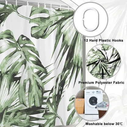 Uiiooazy Anti-Mould Shower Curtain, 180 x 180 cm Tropical Green Palm Leaves Jungle Bath Curtains Washable Fabric Waterproof Polyester Bathroom