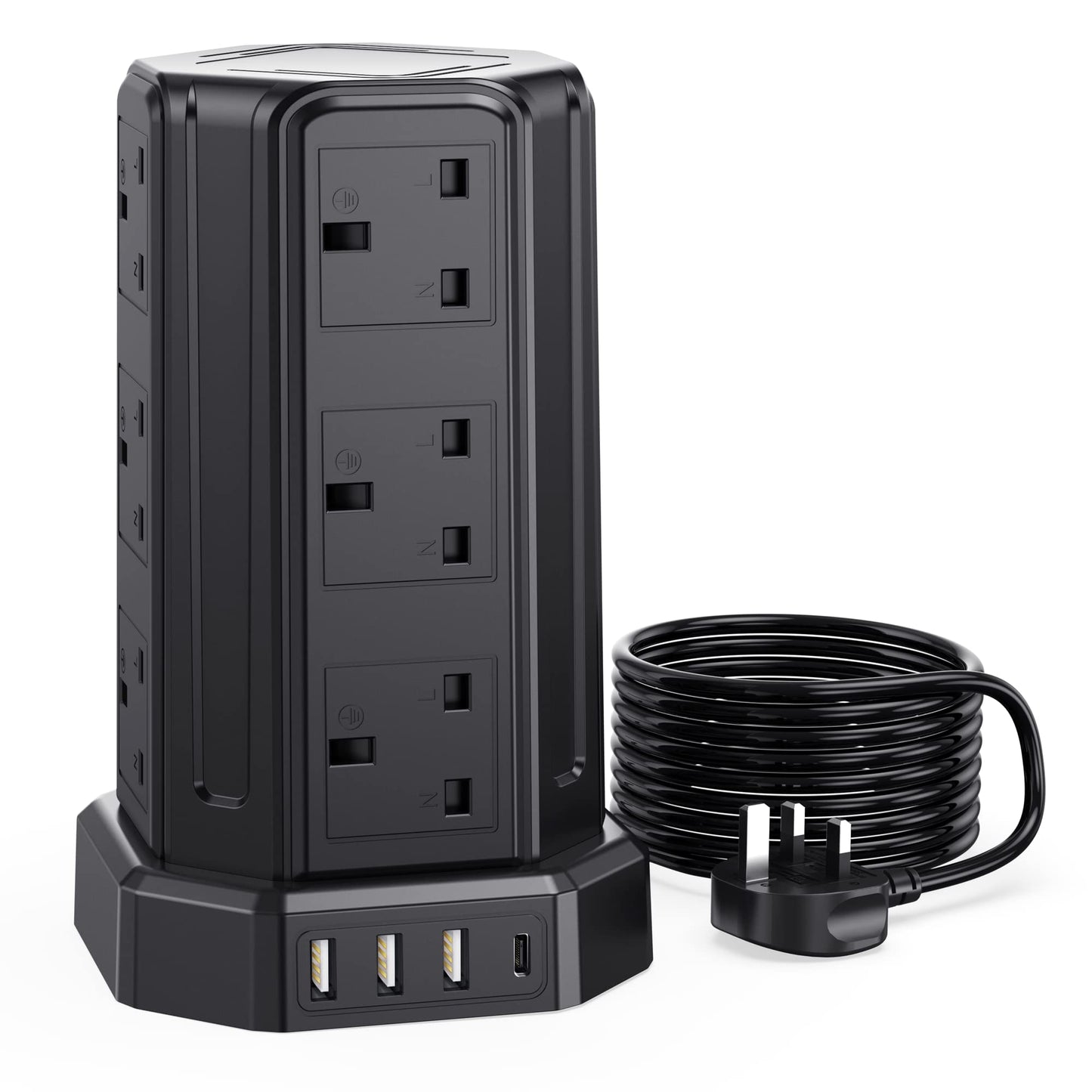 Extension Lead 5M, [13A 3250W] 12 Way Tower Extension Lead Multi Plug Extension Sockets with 4 USB Slots, Surge Protector Extension Cable 5M for Home,