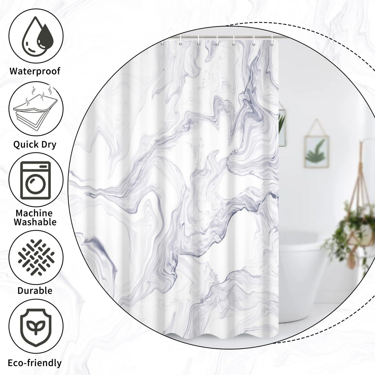 GCIREC Shower Curtain, 180x200cm, White with Purple Texture Ink Marble Modern Art Waterproof Fabric Machine Washable Bathroom Curtain with Hooks