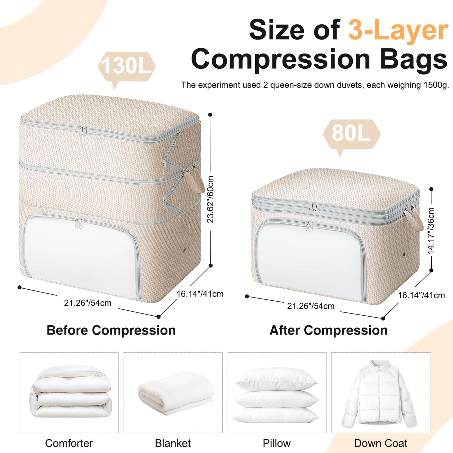 DIMJ Compression Duvet Storage Bags - 2 Pack 260L Self Large Compress Bags Bedding Box with Clear Front-Opening Window Dual Handles and Labels for