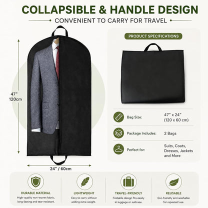 Yelinosk 2 PCS Black Suit Bag for Man 60x120cm, Dust Cover, Carrier, Storage Bag for Coats, Tuxedo