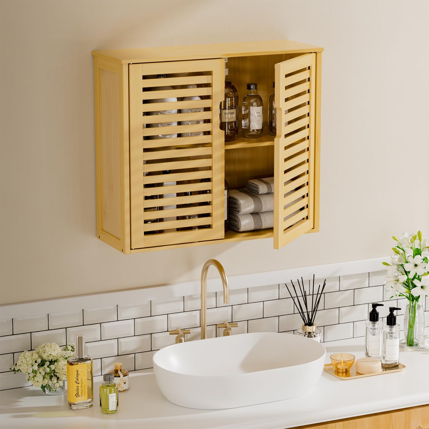 HITNET Bathroom Wall Cabinet, Medicine Cabinet Over the Toilet, Bamboo Hanging Storage Organizer with 2 Doors and Adjustable Shelf for Kitchen
