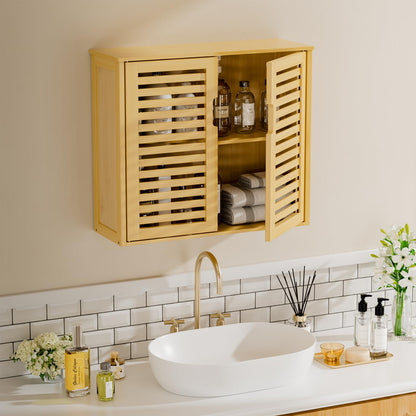 HITNET Bathroom Wall Cabinet, Medicine Cabinet Over the Toilet, Bamboo Hanging Storage Organizer with 2 Doors and Adjustable Shelf for Kitchen