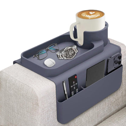 JNCST Sofa Armrest Tray - Silicone Couch Cup Holder with Anti-Slip Base & Multi-Pockets Spill-Proof Sofa Tray for Coffee