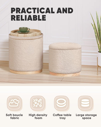 Bonlife Set of 2 Round Ottoman with Tray, Vanity Stool with Storage