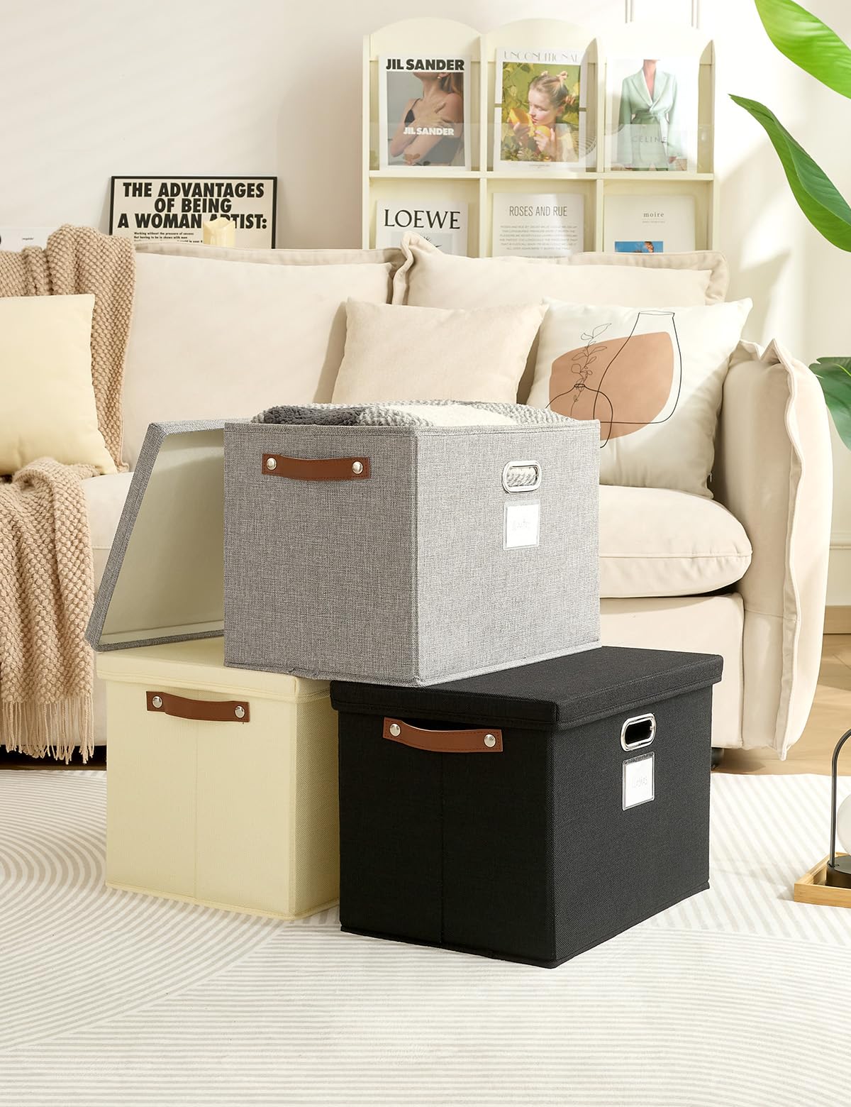 Bagnizer Storage Boxes with Lids 3PCS Foldable Fabric Storage Boxes Large Stackable Storage Baskets for Shelves Storage Box for Clothes Wardrobe Grey