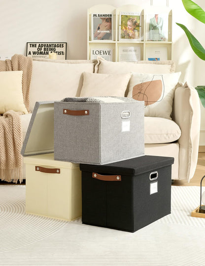 Bagnizer Storage Boxes with Lids 3PCS Foldable Fabric Storage Boxes Large Stackable Storage Baskets for Shelves Storage Box for Clothes Wardrobe Grey