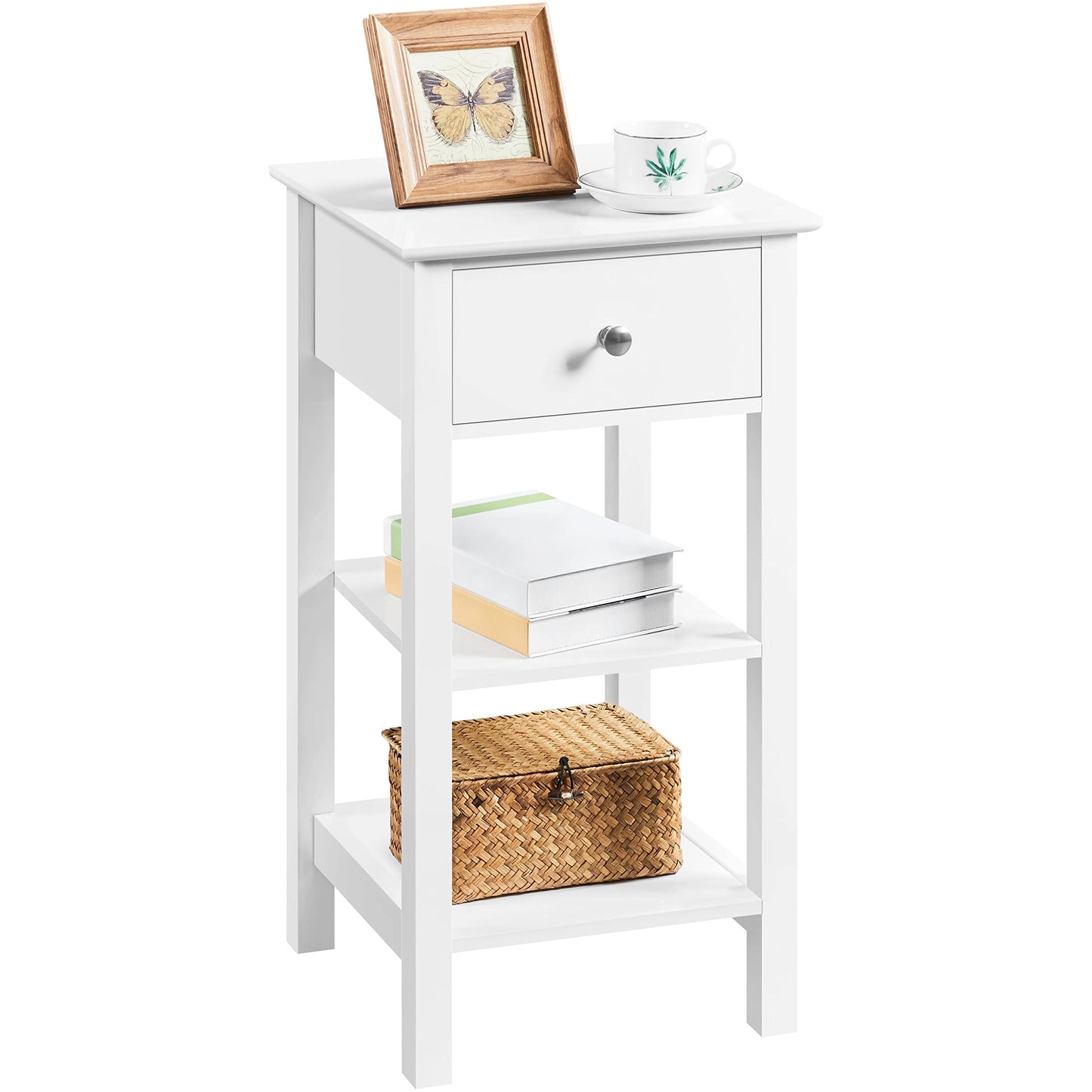 Yaheetech White Bedside Table, Wooden Narrow Nightstand Cabinet with Drawer & 2 Shelves, Tall Telephone Sofa Side table for Living Room Bedroom