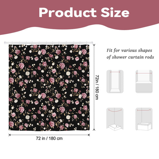 Hopomoon Dark Black Floral Shower Curtain,Vintage Rose and Peony Print Waterproof Polyester Fabric Bath Curtain,Spring Vintage Boho Bathroom Decor