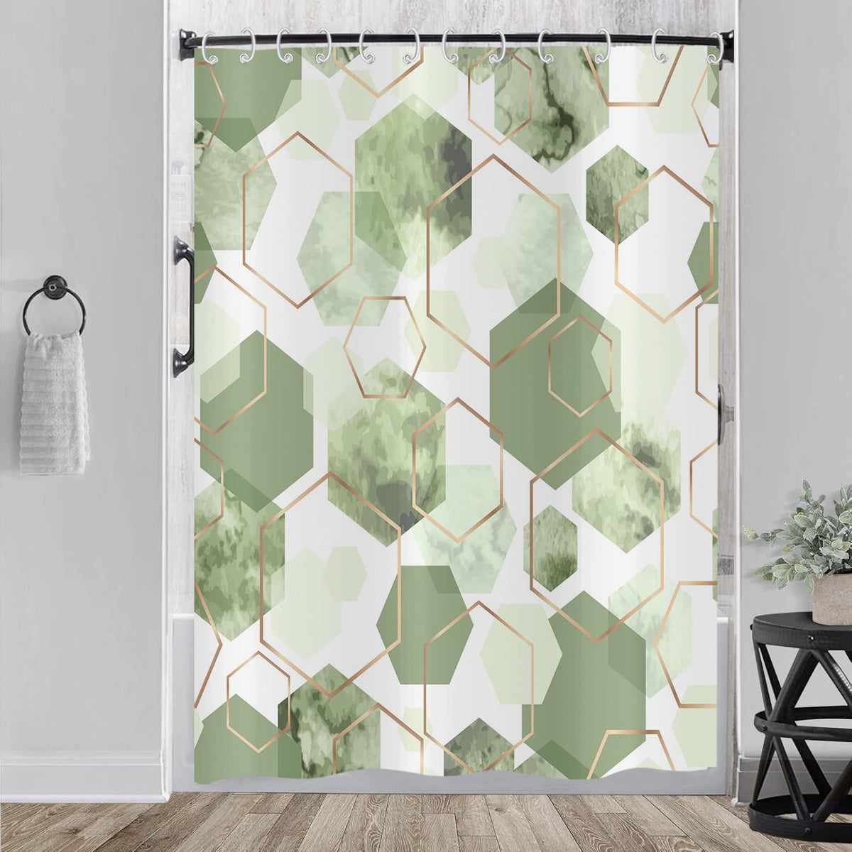 Hnmdmyi Sage Green Shower Curtain 180x200, Modern Geometric Hexagon Abstract Art Bathroom Curtains Waterproof Polyester Fabric Washable Bath Curtains