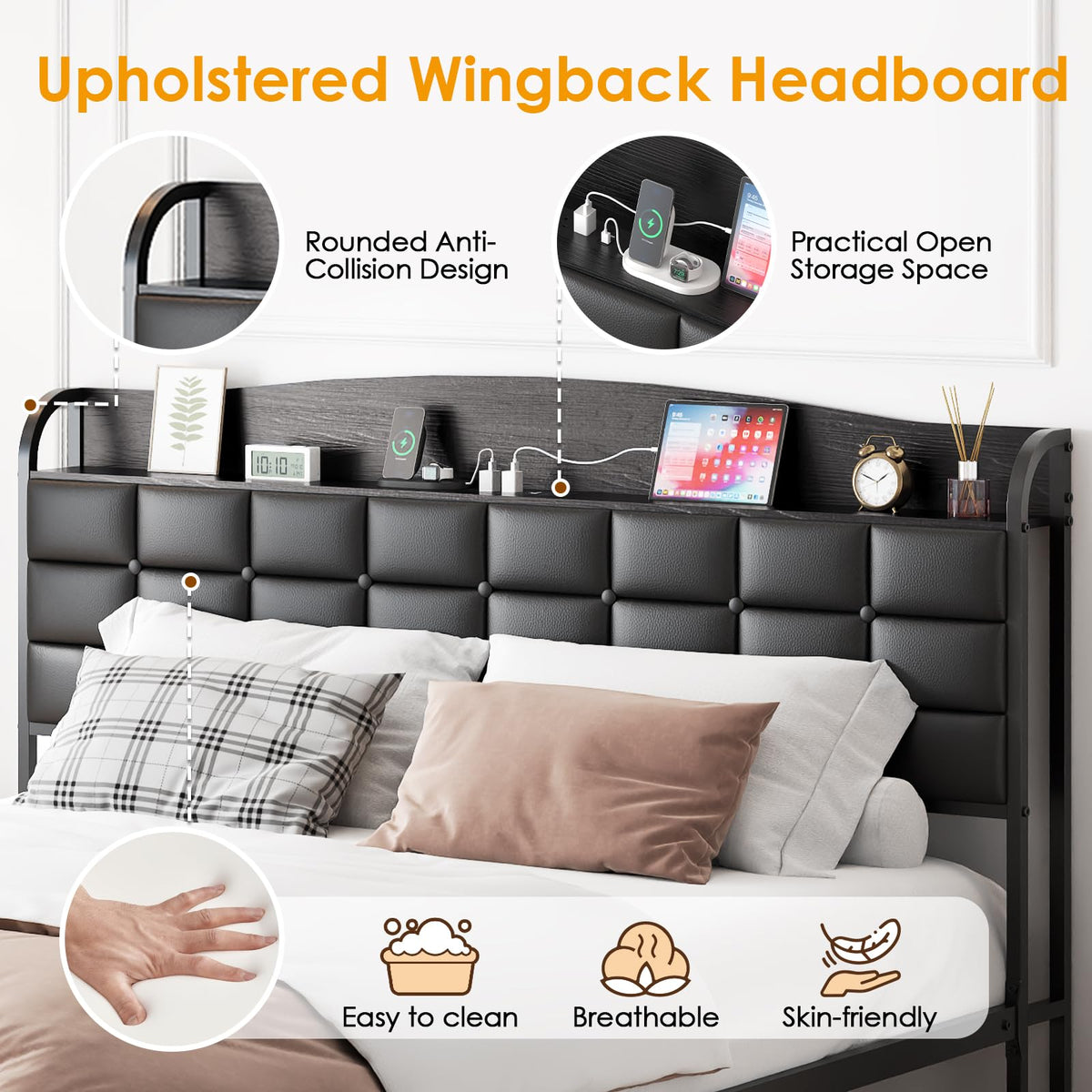 WOWTRELAX King Size Bed Frame with Charging Headboard Storage Shelf 150x200