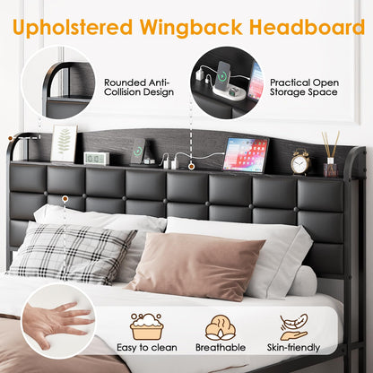 WOWTRELAX King Size Bed Frame with Charging Headboard Storage Shelf 150x200
