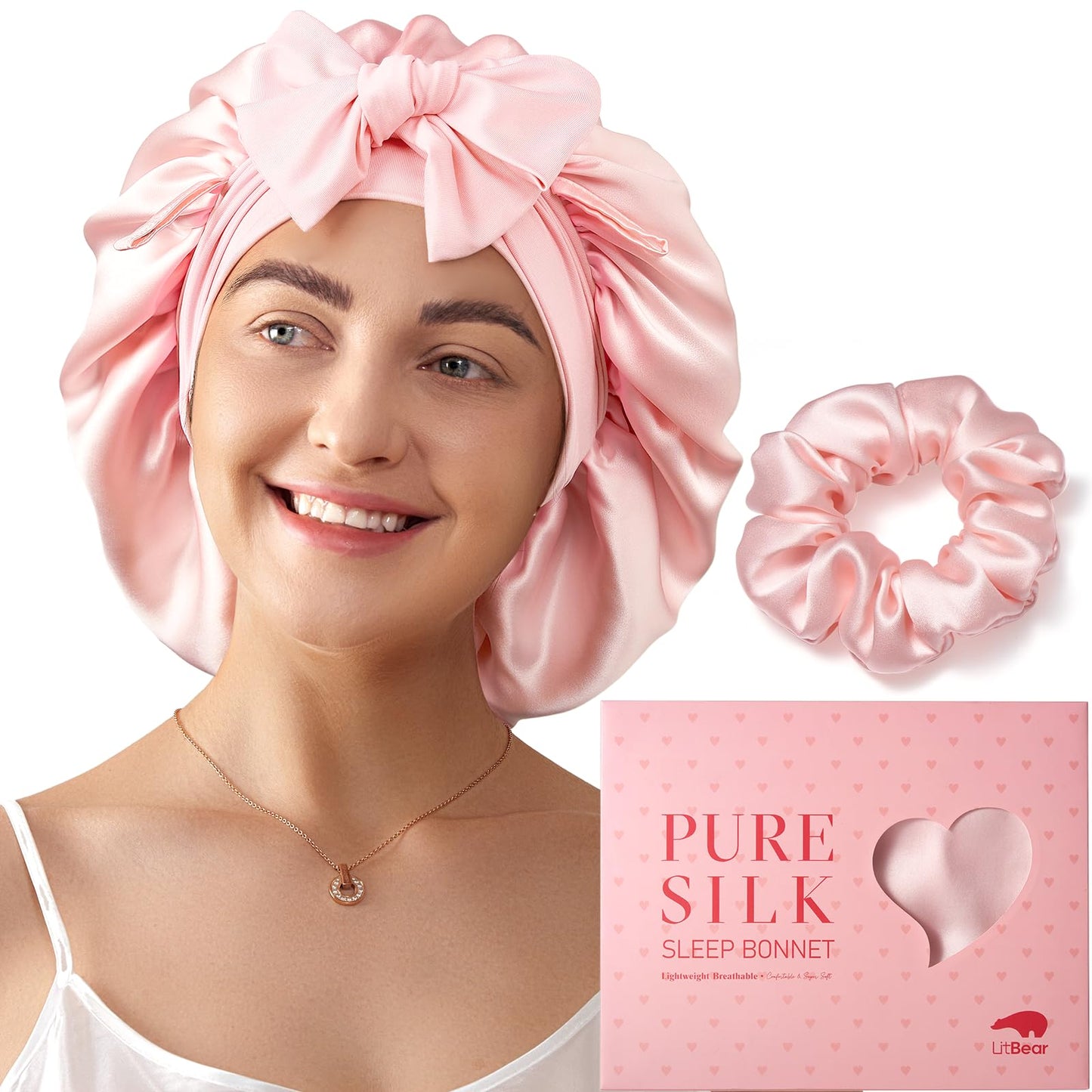 LitBear 100% Mulberry Silk Bonnet for Sleeping Women, 22 Momme Double-Layered Grade-6A Silk Hair Bonnet for Sleeping, Hair Cap for Sleeping with Tie