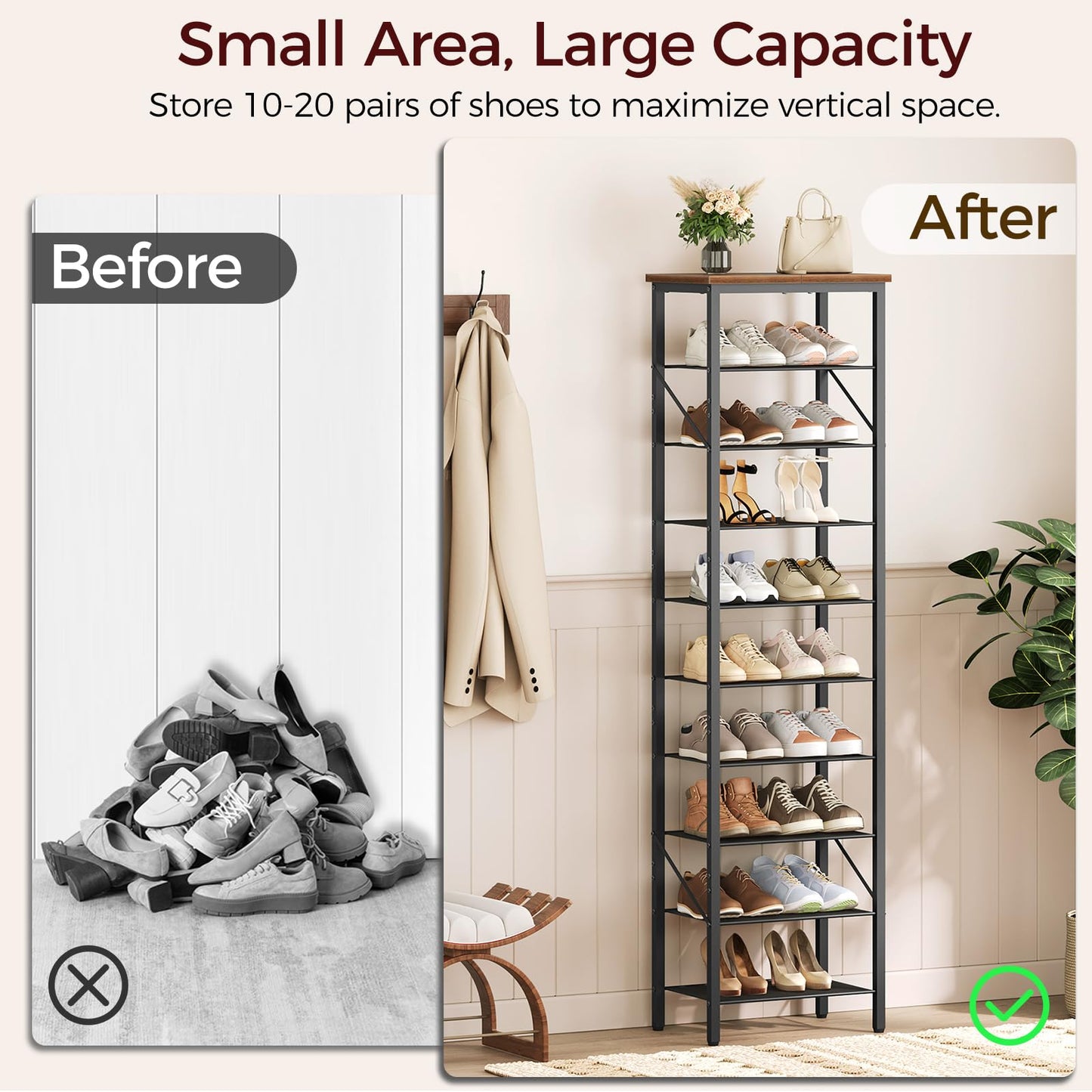 MAHANCRIS 10-Tier Narrow Shoe Rack, Vertical Shoe Storage Organizer, for 12-24 Pairs, Shoe Shelf with Metal Frame, for Hallway, Entryway, Living Room