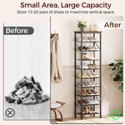 MAHANCRIS 10-Tier Narrow Shoe Rack, Vertical Shoe Storage Organizer, for 12-24 Pairs, Shoe Shelf with Metal Frame, for Hallway, Entryway, Living Room