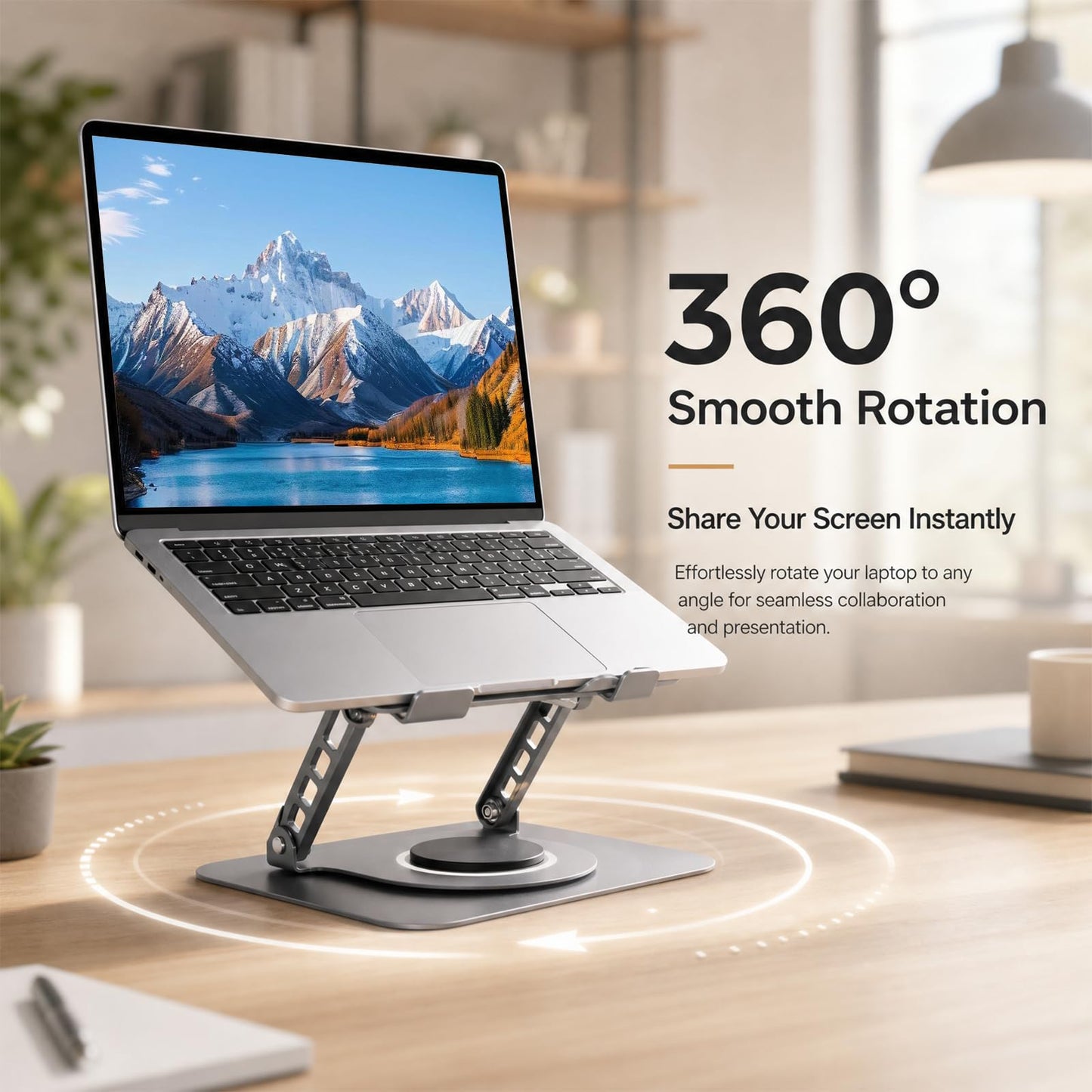 Hmeuest Adjustable Laptop Stand with 360° Rotating Base, Ergonomic Aluminium Laptop Riser for Desk