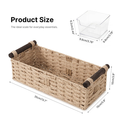 Paper Rope Storage Wicker Baskets for Toilet Tank Top with Wooden Handle Small Decorative Organizer Bin Rectangular Tray for Countertop Shelf Beige