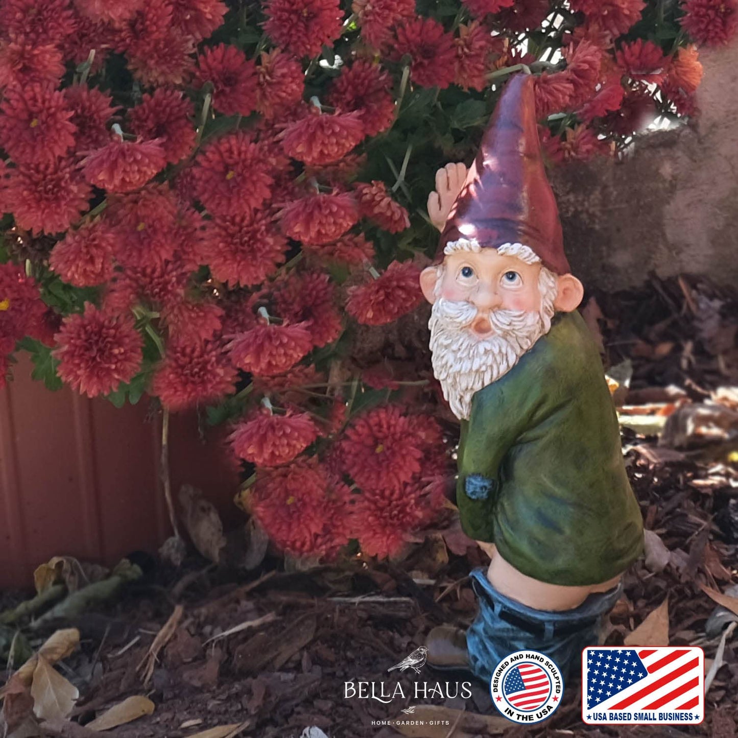 BELLA HAUS DESIGN Willy The Peeing Garden Gnome - 10.3" Tall Polyresin - Red, Green & Brown Funny Gnome Statue for Lawn Ornaments, Indoor or Outdoor