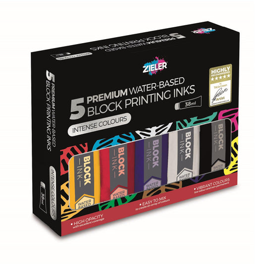 5 Water-Based Block Printing Inks | Black, Blue, Red, White & Yellow | 38ml High Concentration Tubes | Easy-to-Mix | High Opacity - by Zieler