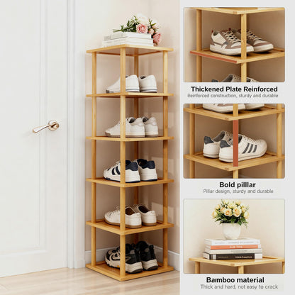 Aniston 6 Tier Vertical Small Shoe Rack Bamboo,Free Standing Slim Narrow Shoe Storage,Shoe Shelf Organiser for Garage Closet Doorway Garage Living