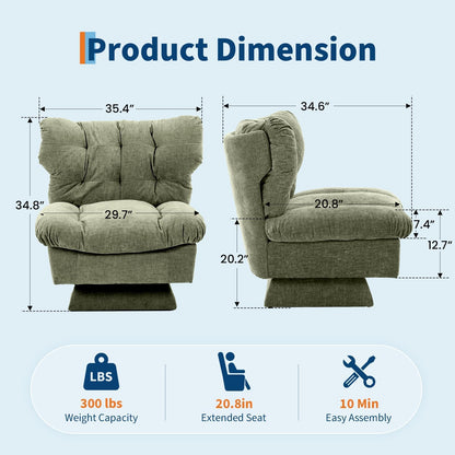 CuteHairy Oversized Swivel Accent Chair – Modern Chenille Cuddle Armchair with Plush Cushion & 360° Rotating Base, 136kg Capacity