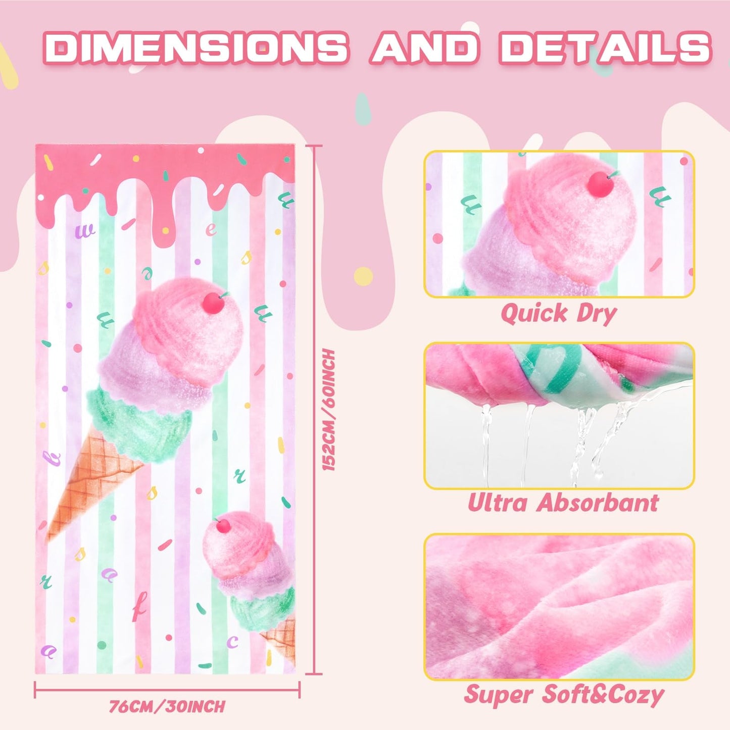 WERNNSAI Ice Cream Microfibre Beach Towel for Kids, 76 x 150cm Bath Towel