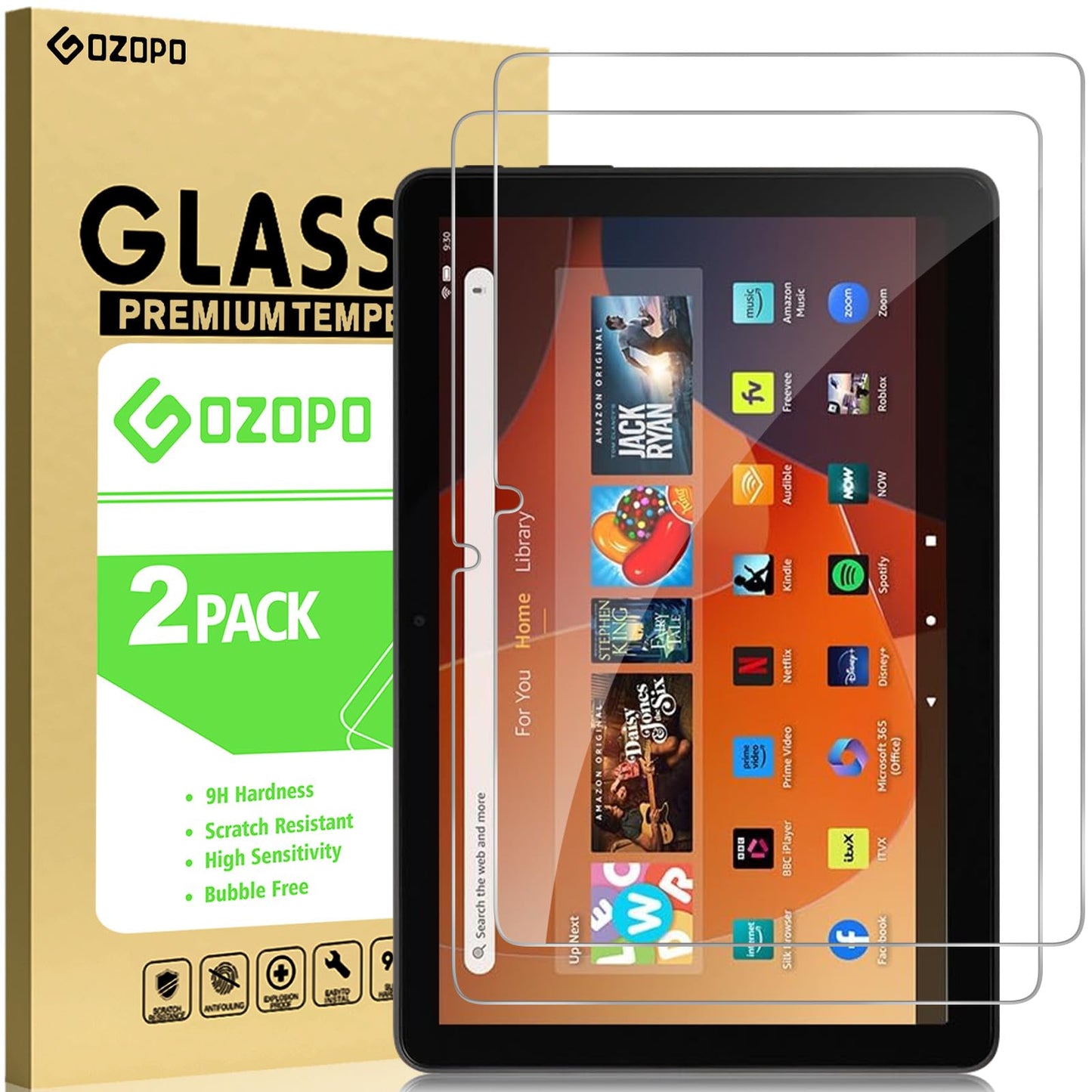 GOZOPO Screen Protector for Fire 10 Kids / 10 Kids Pro Tablet, Tempered Glass Film, 2 Pack