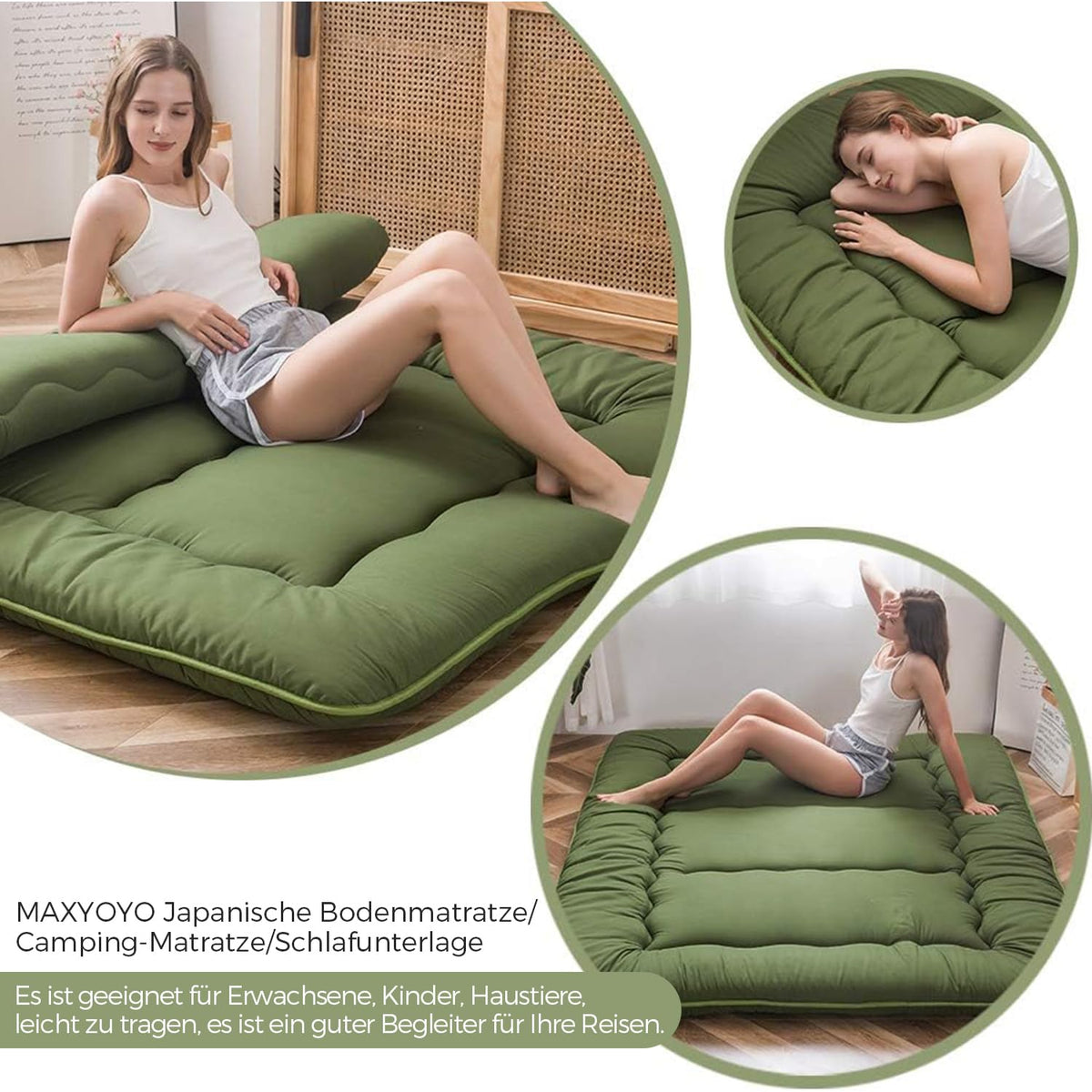 MAXYOYO Japanese Floor Futon Mattress, Thicken Tatami Sleeping Pad Foldable Roll Up Dormitory Mat Pad Floor Lounger Pillow Bed (Green, Double)