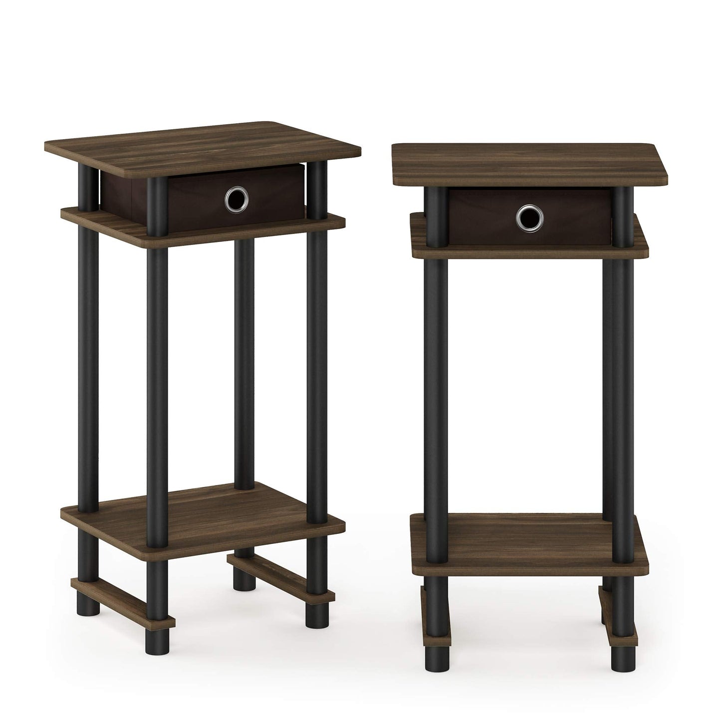 Furinno TURN-N-TUBE Side Table Set of 2, 3-Tier End Table with Storage Bin, Open Shelf Night Stand, Bedside Table, for Living Room, Bedroom