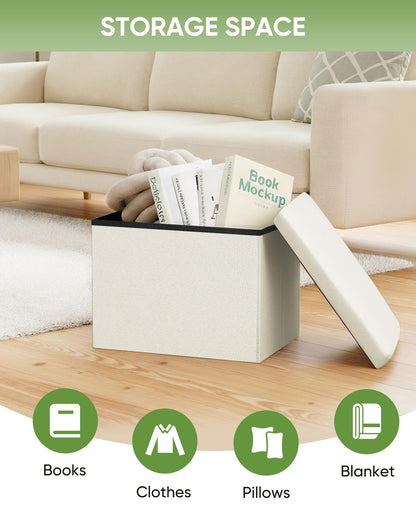 Bonlife Ottoman Storage Box - Foldable Rectangular Footstool for Living Room, Kids Toy Chest with Lid, Multi-Use Seat & Storage, Cream, 42x32x32 cm