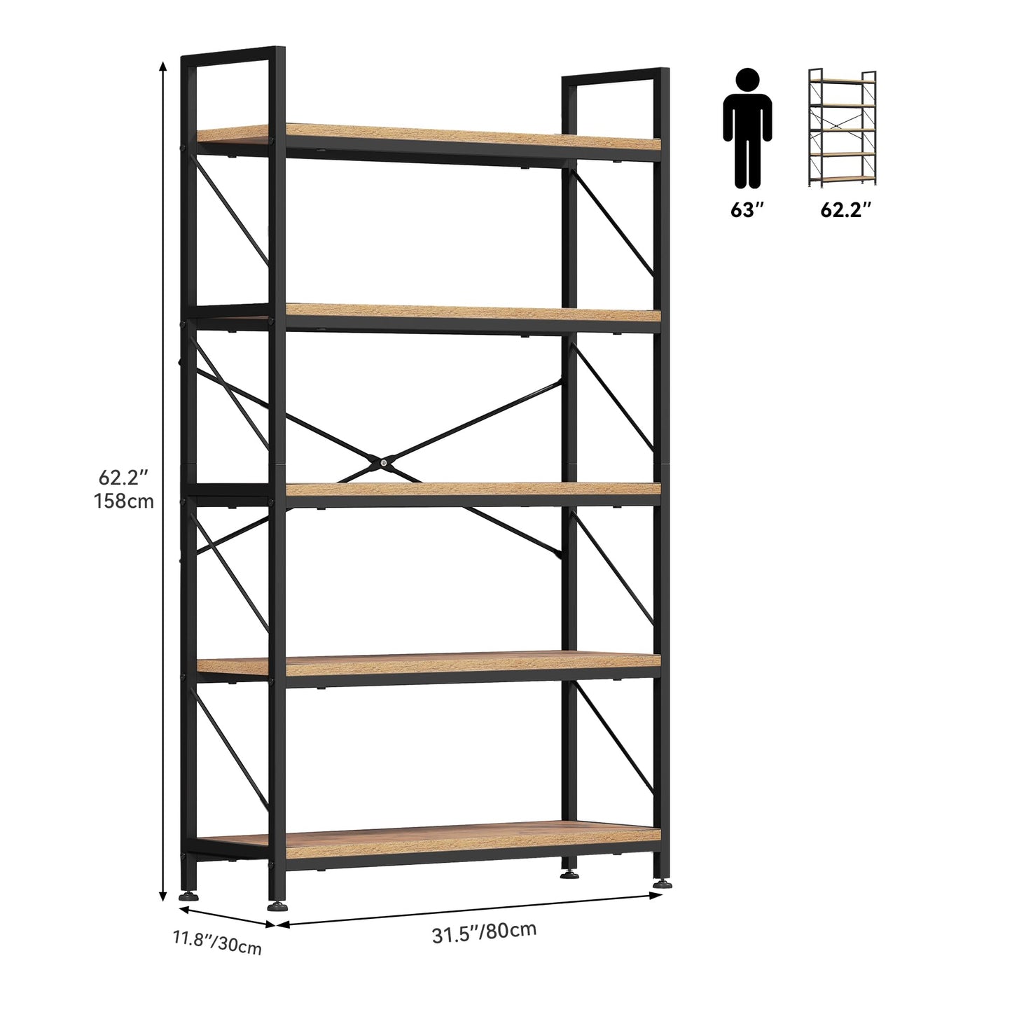 DWVO Bookcase 5 Tiers, Industrial Book Shelf 80cm Wide 158cm High Large Book Case Wooden Shelf and Metal Shelving Unit Display Storage Rack for